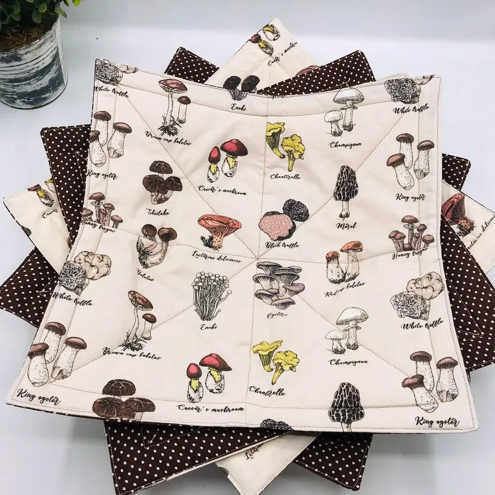 Microwave Dinner Plate Cozy, Reversible, Neutral Mushrooms, Woodland Fairy Core